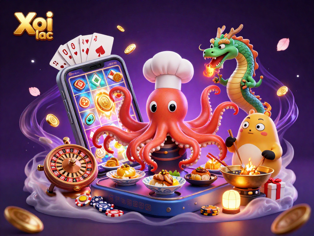 Xoi lac showcases a vibrant sushi chef octopus, dragon, and tanuki amidst rich casino elements.