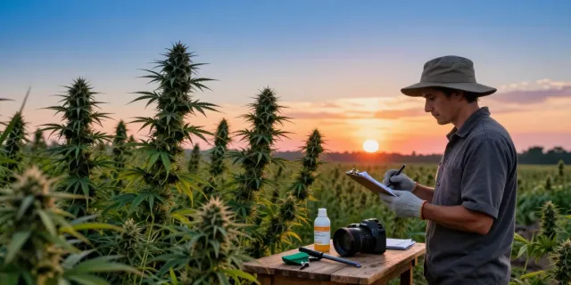 Regular cannabis seeds are showcased in a serene cultivation scene with a farmer inspecting plants.