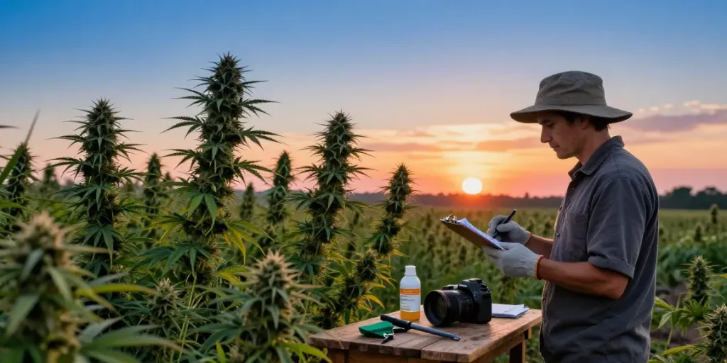 Regular cannabis seeds are showcased in a serene cultivation scene with a farmer inspecting plants.