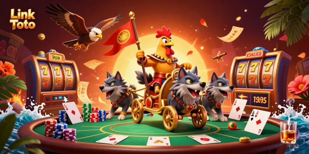 Melempar dadu di meja poker dengan Link Toto dan karakter unik dalam ilustrasi kasino yang menarik.