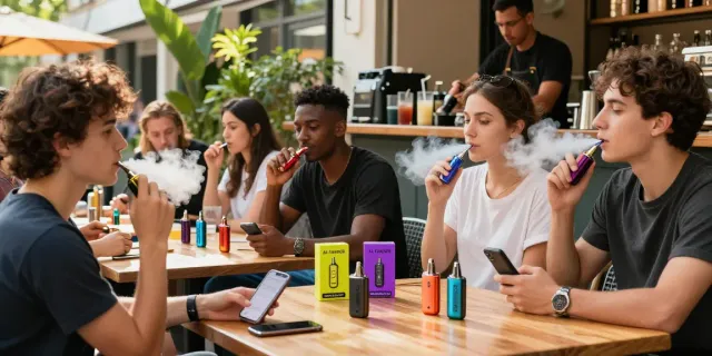 Al Fakher Vape 8000 im urbanen Café-Umfeld, junge Erwachsene genießen ihre Vapes.