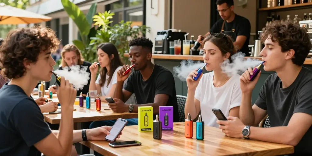 Al Fakher Vape 8000 im urbanen Café-Umfeld, junge Erwachsene genießen ihre Vapes.
