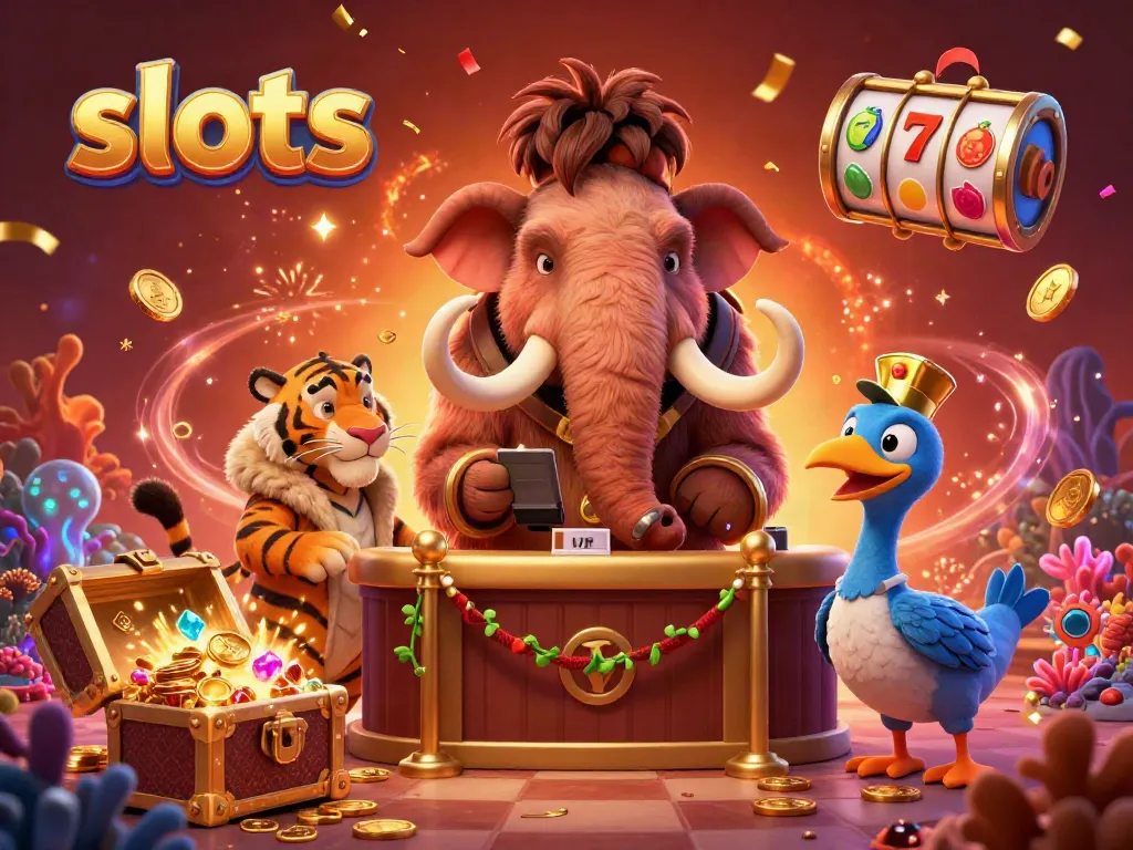 Engage with vibrant 3D cartoon slots world featuring a mammoth bouncer, saber-tooth guest, and treasure elements.
