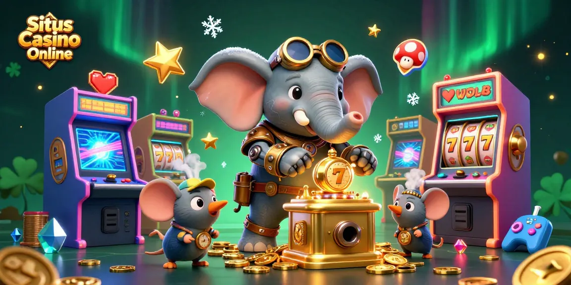 Situs Casino Online: Engaging illustration of a steampunk elephant operating a slot machine amidst vibrant arcade elements.