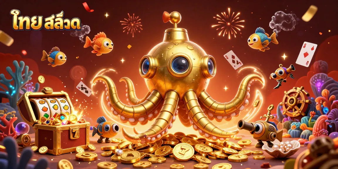 Immerse in ไทย สล็อต with a dynamic scene featuring a golden kraken submarine among coins and slot elements.