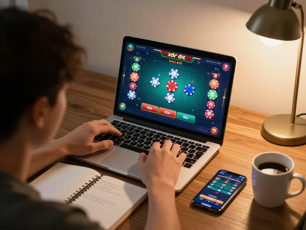 xóc đĩa gameplay on a laptop in a cozy home environment with strategic notes and a smartphone