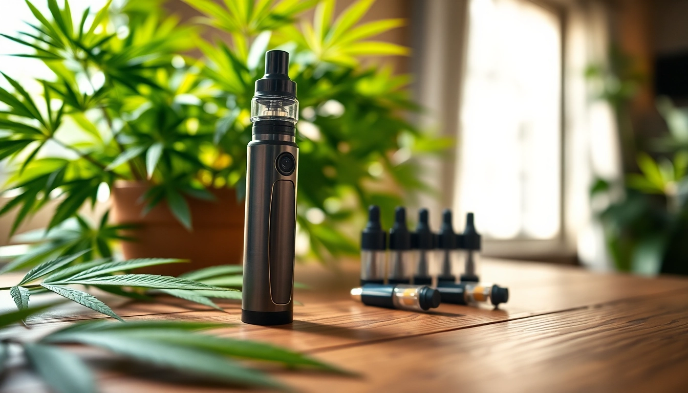Showcase cannabis vape pen with cartridges, capturing sleek design and natural ambiance.