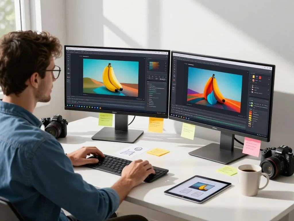 Developer using Nano Banana 2 AI image editor on dual monitors in a modern workspace.