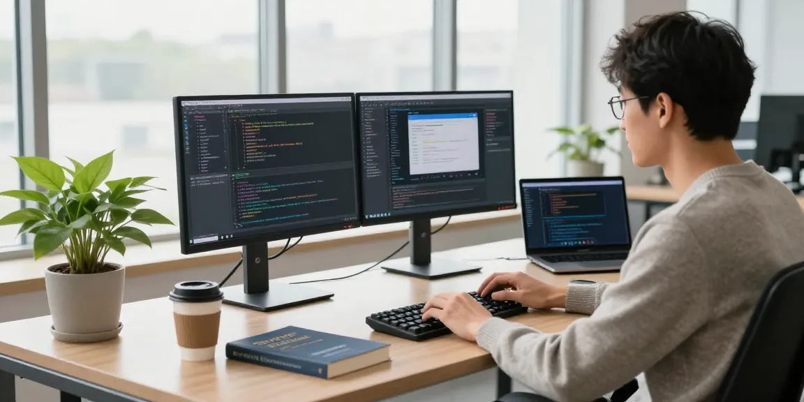 Professional tech workspace highlighting 纸飞机中文版 with developer coding at dual monitors showcasing programming.