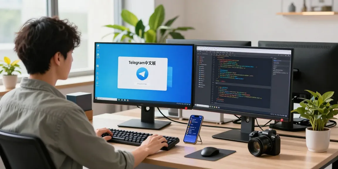 Professional workspace highlighting telegram中文版 on screens with vibrant office elements.