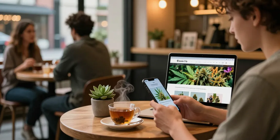 Buying weed online UK scene with a young adult exploring cannabis products at a trendy café, showcasing premium quality and lifestyle.