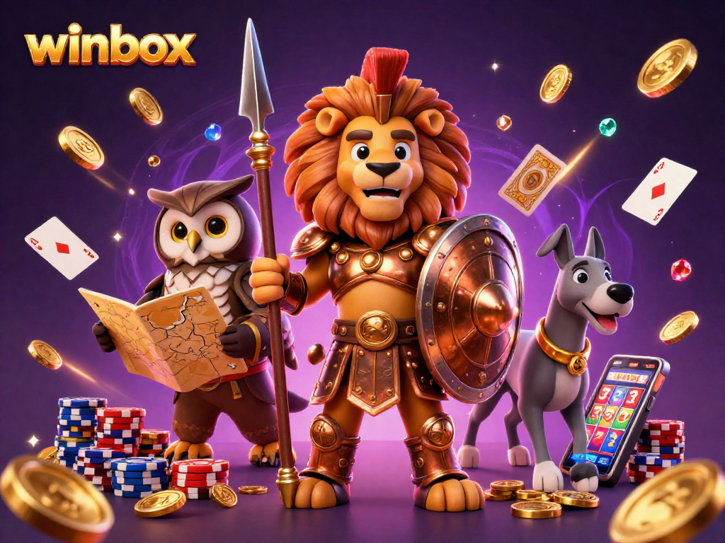 Experience the thrill of winbox as a Spartan lion and an owl strategist guard a treasure of casino riches.