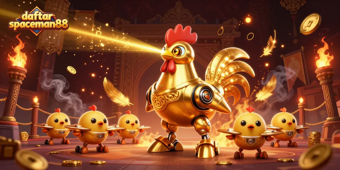 Engage in thrilling gameplay with daftar spaceman88 featuring a futuristic rooster robot amidst vibrant casino action.
