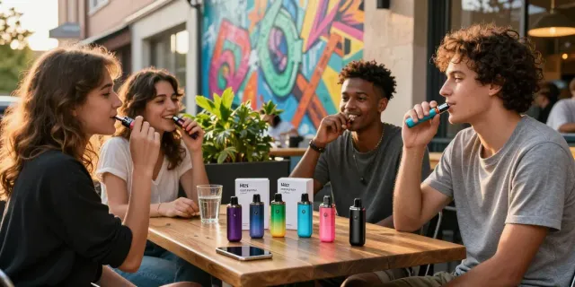 Friends enjoying Hitz infinity Gen 7 disposable vapes at a café, vibrant urban setting.