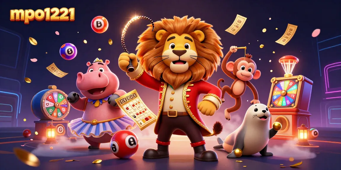 Join the fun with mpo1221 in a vibrant circus-themed gambling scene featuring lottery elements.