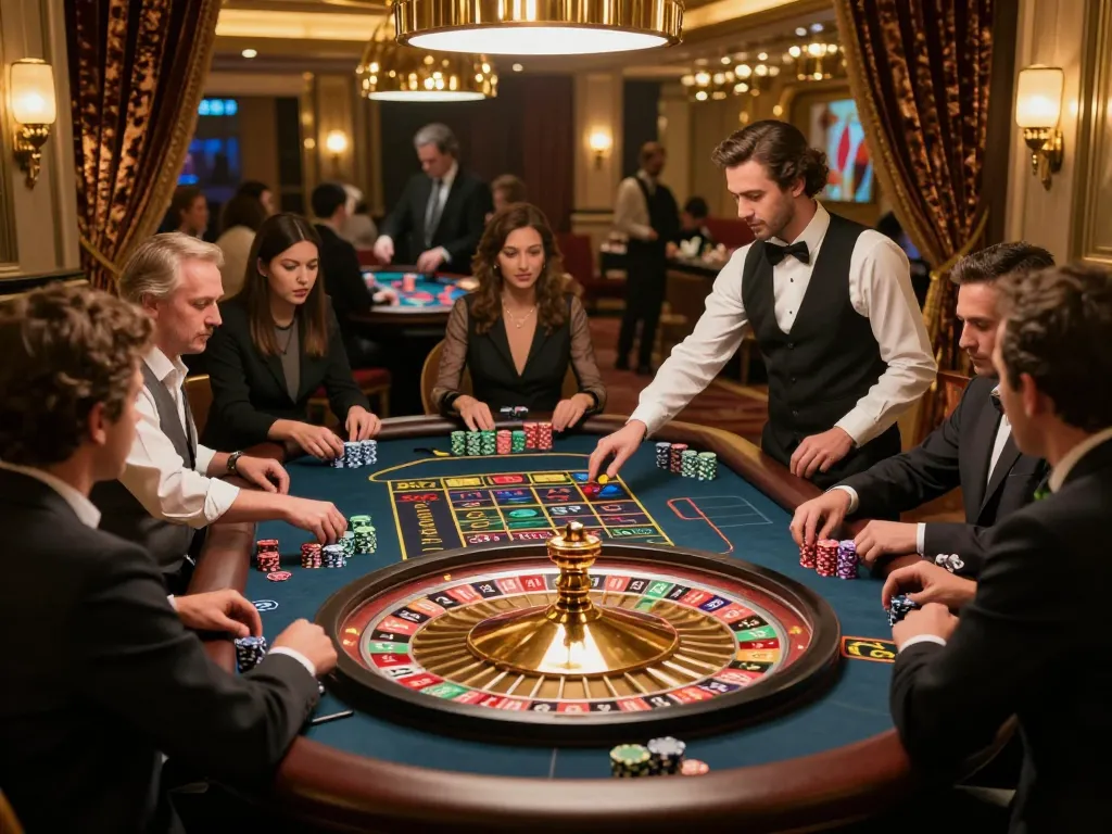 Players engaged in a thrilling roulette game at a luxurious casino, showcasing strategic betting with sunwin experience