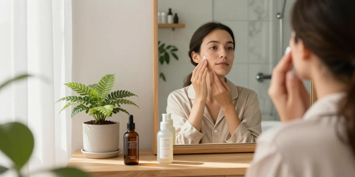 Applying glow peptide serum in a bright, serene bathroom setting.