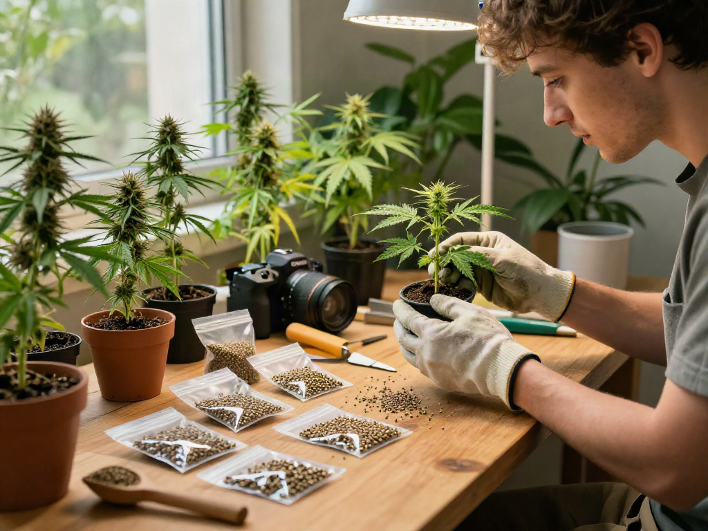 The scene highlights the male and female cannabis seeds alongside a grower inspecting seedlings in a vibrant indoor garden.