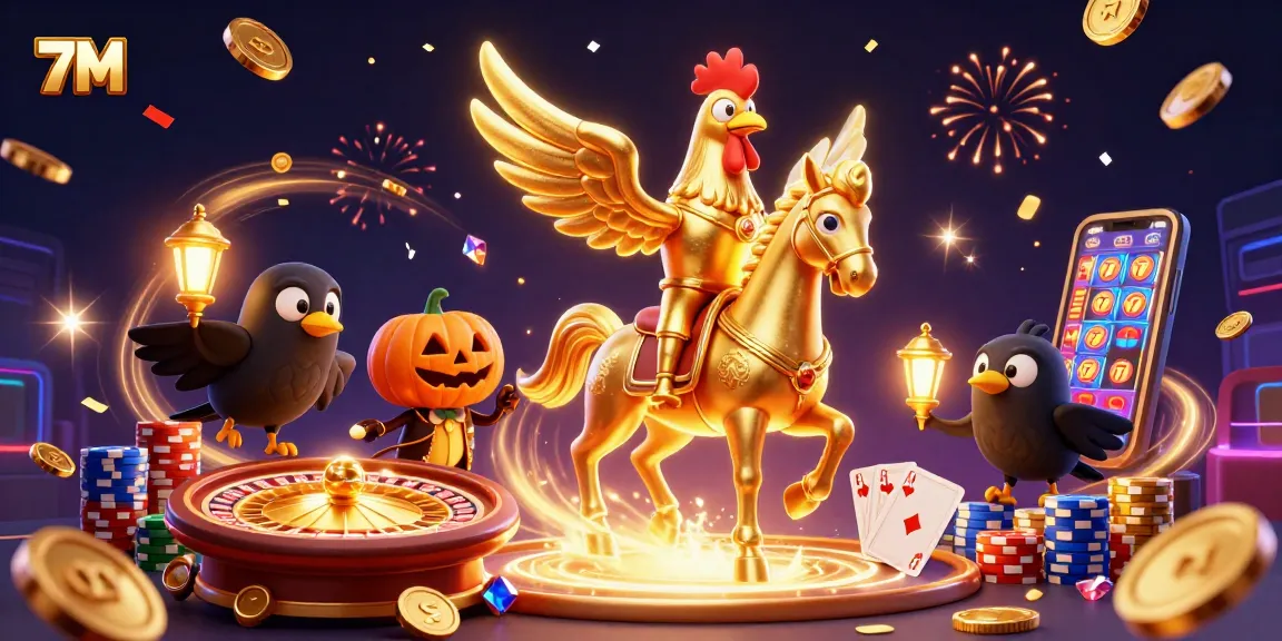 Play thrilling games at 7M casino with golden rooster characters in a vibrant scene.