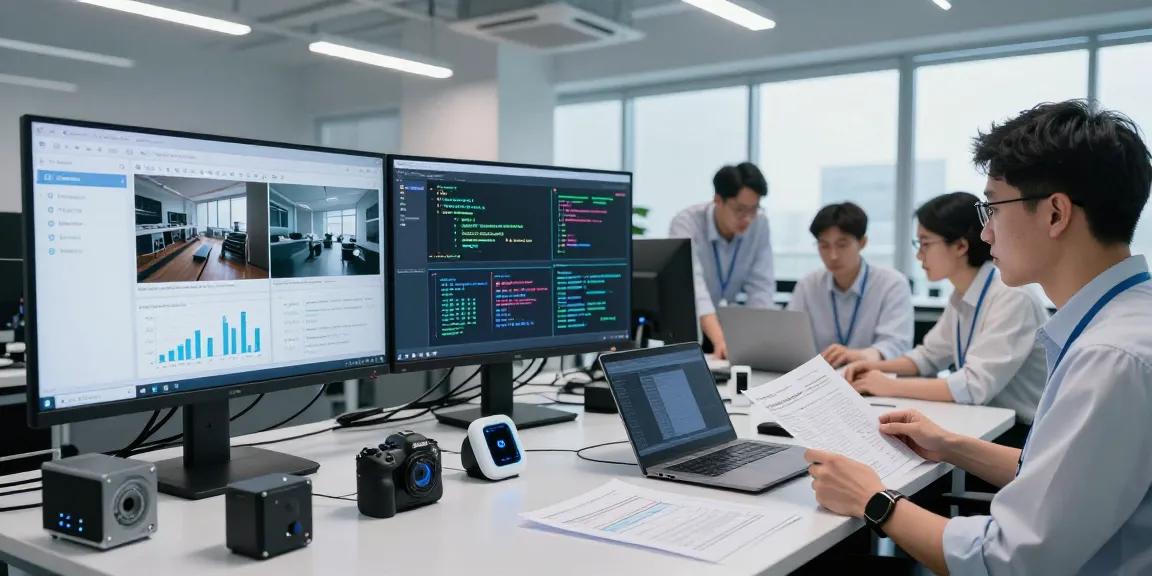 AI detector technology lab scene with data scientist analyzing images and algorithms in a bright environment