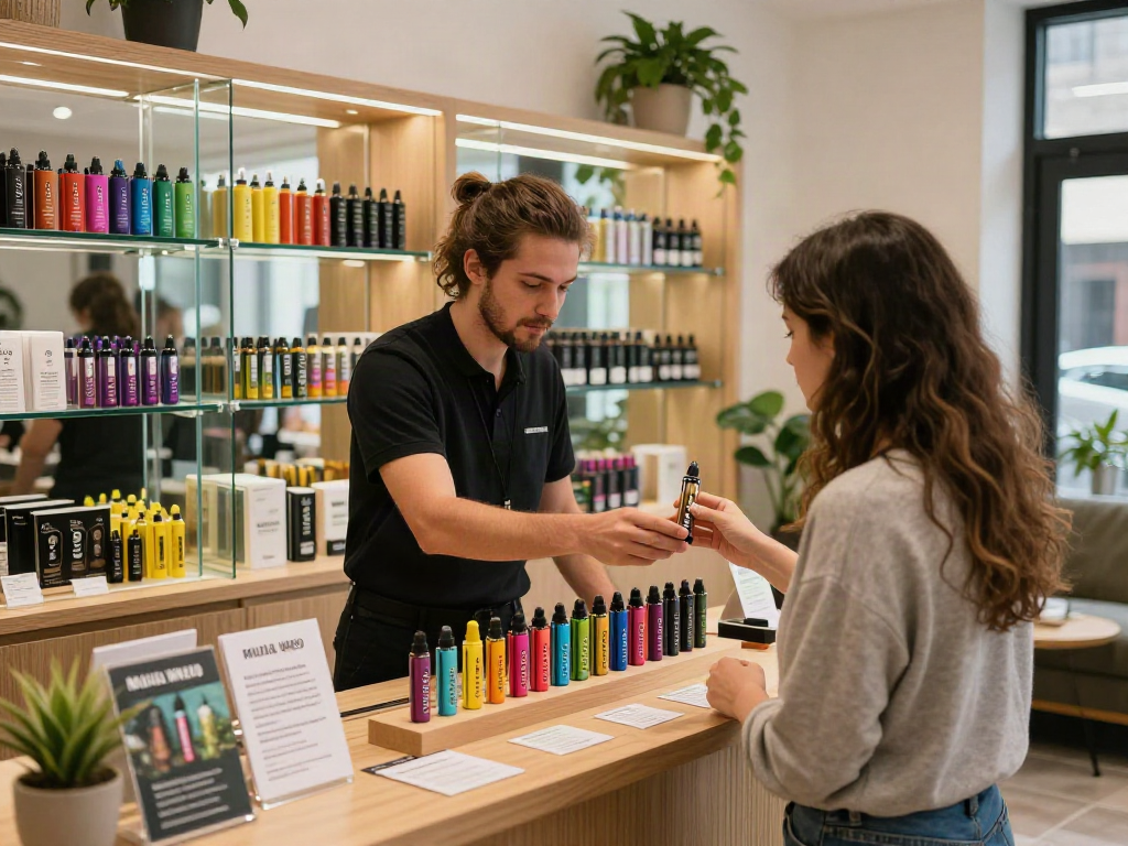 Customer exploring Muha Med cartridges in a vibrant vape shop setting.