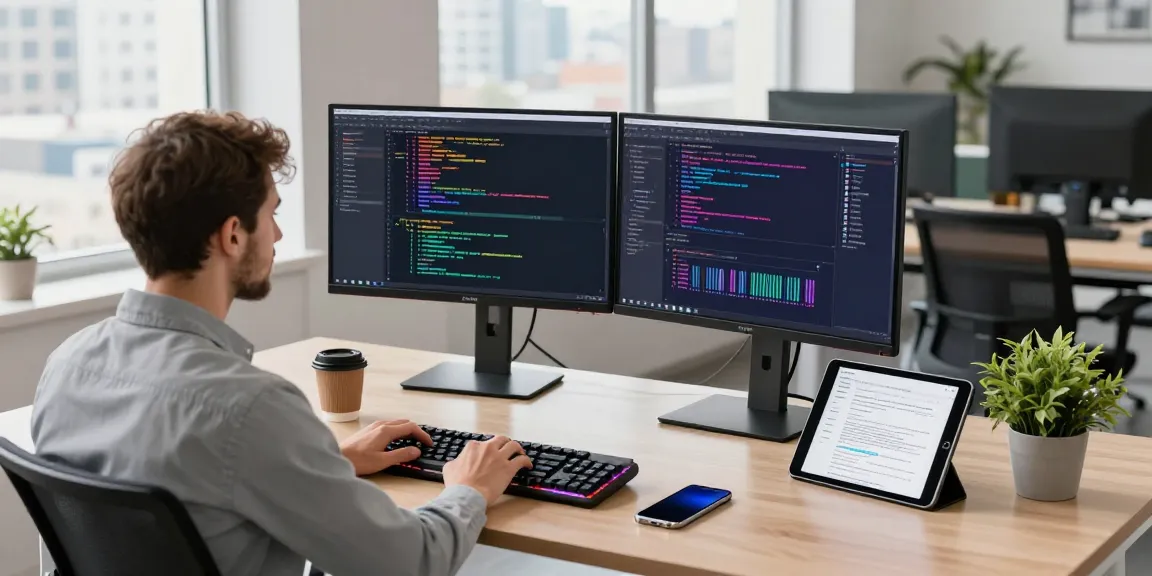 Engaged developer coding on dual monitors, showcasing 纸飞机中文版 app development in a bright modern workspace.