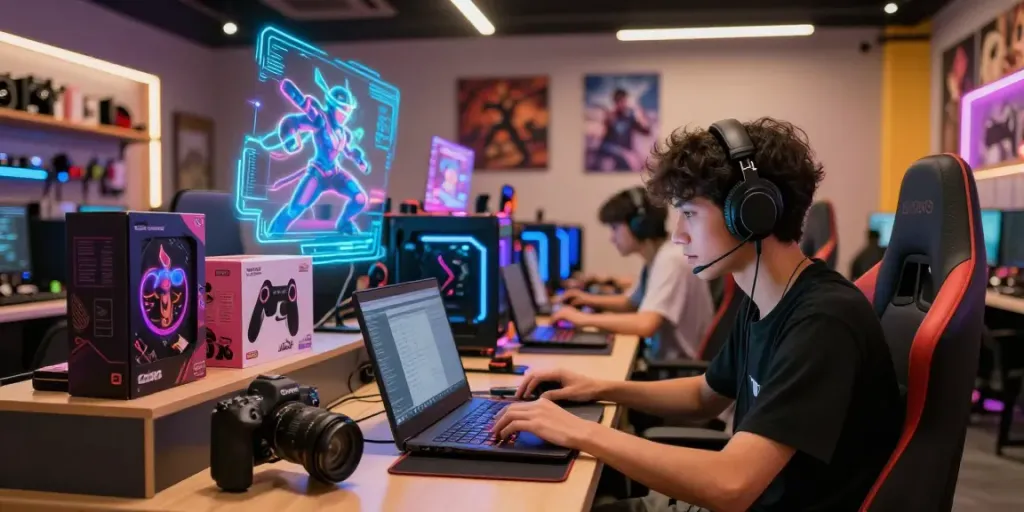 Exciting gaming shop scene showcasing rokok88 login features with vibrant merchandise.
