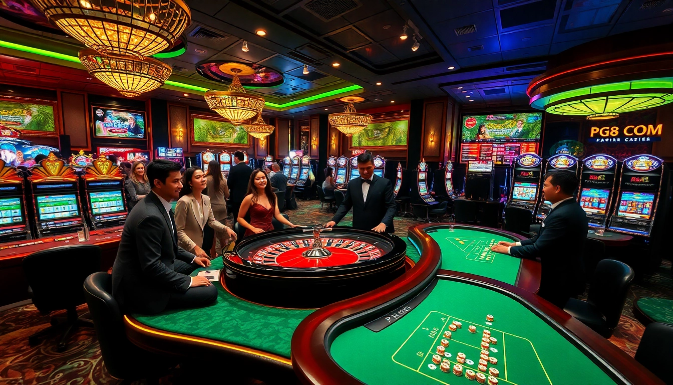 A dynamic casino scene showcasing players engaged at PG88.COM, featuring roulette, slot machines, and poker.