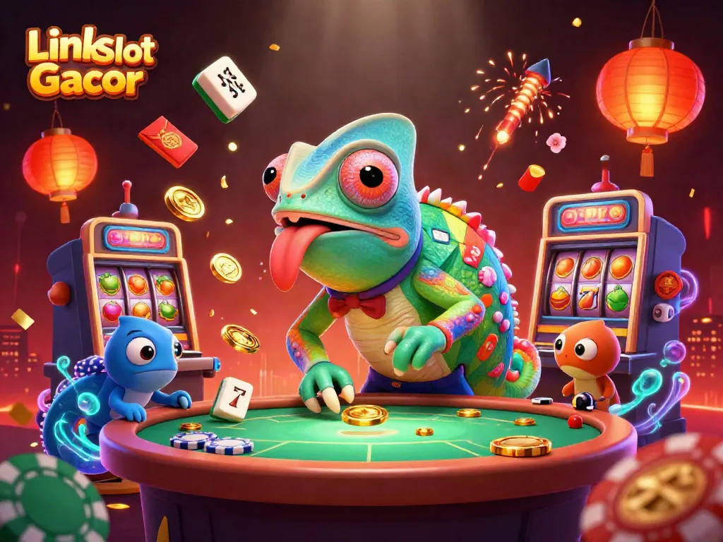 Gambaran Link Slot Gacor dengan chameleon kasino, mesin slot, dan elemen perayaan.