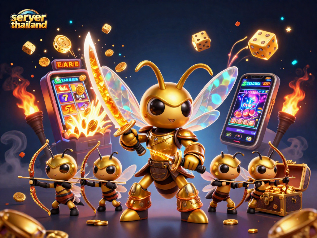 Experience thrilling action with server thailand while witnessing a dynamic casino scene with vivid characters and game elements.