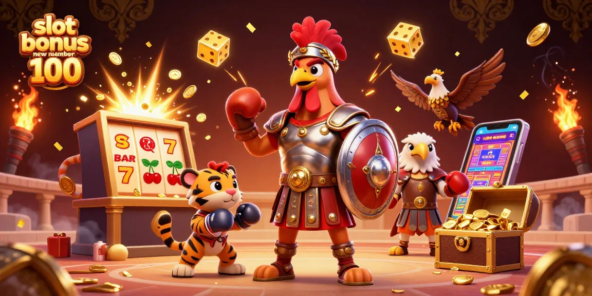 Experience thrilling wins with slot bonus new member 100 in this vibrant casino scene illustration.
