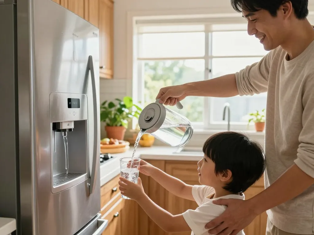 Family enjoying the Filterlogic DA97-17376B Replacement for Samsung® HAF-QIN water filter in their modern kitchen.