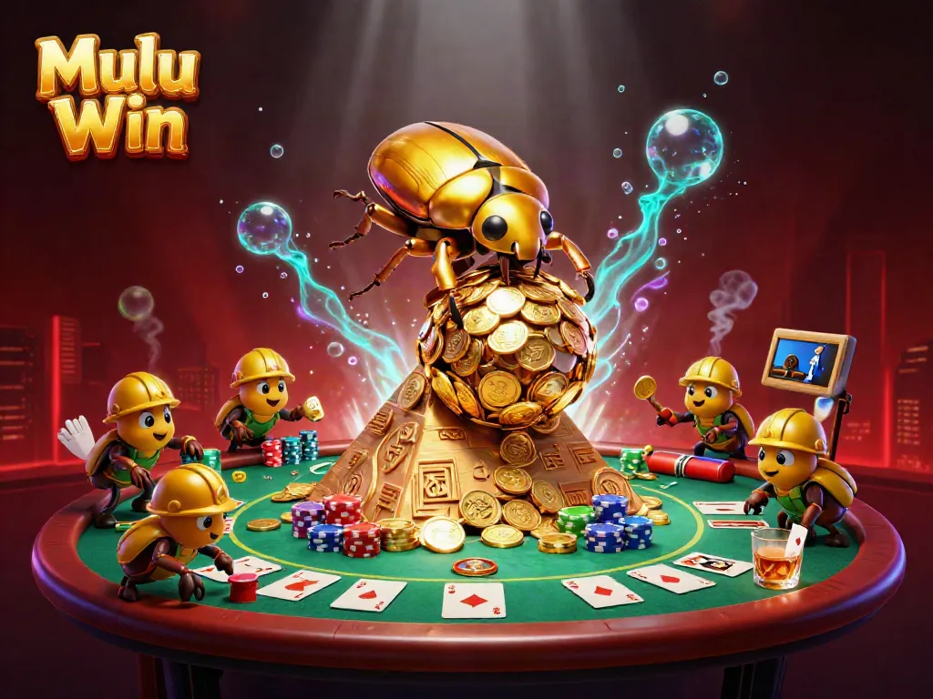 Win big with Mulu Win in this exciting casino scene featuring golden beetles and poker action.
