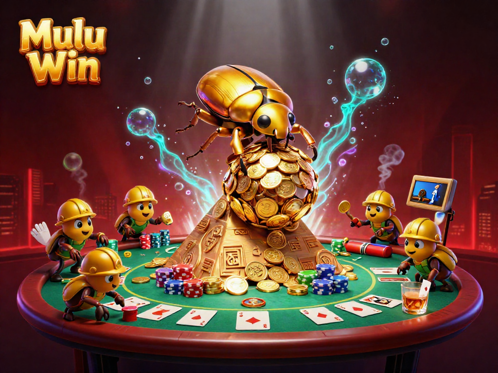 Win big with Mulu Win in this exciting casino scene featuring golden beetles and poker action.