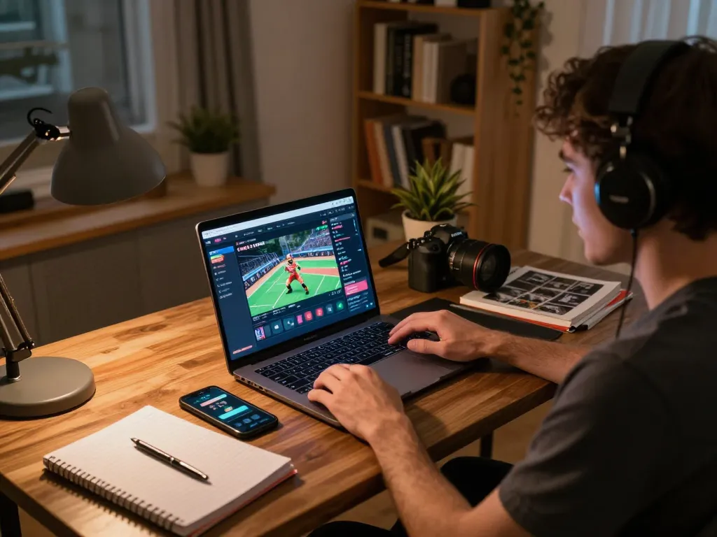 Situs slot gameplay on a laptop with a user engaged in strategy, showcasing a cozy home office setting
