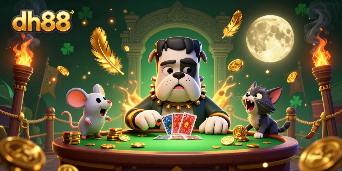 Engage in thrilling gameplay on dh88 while the Frankenstein bulldog deals cards in an immersive casino setting.