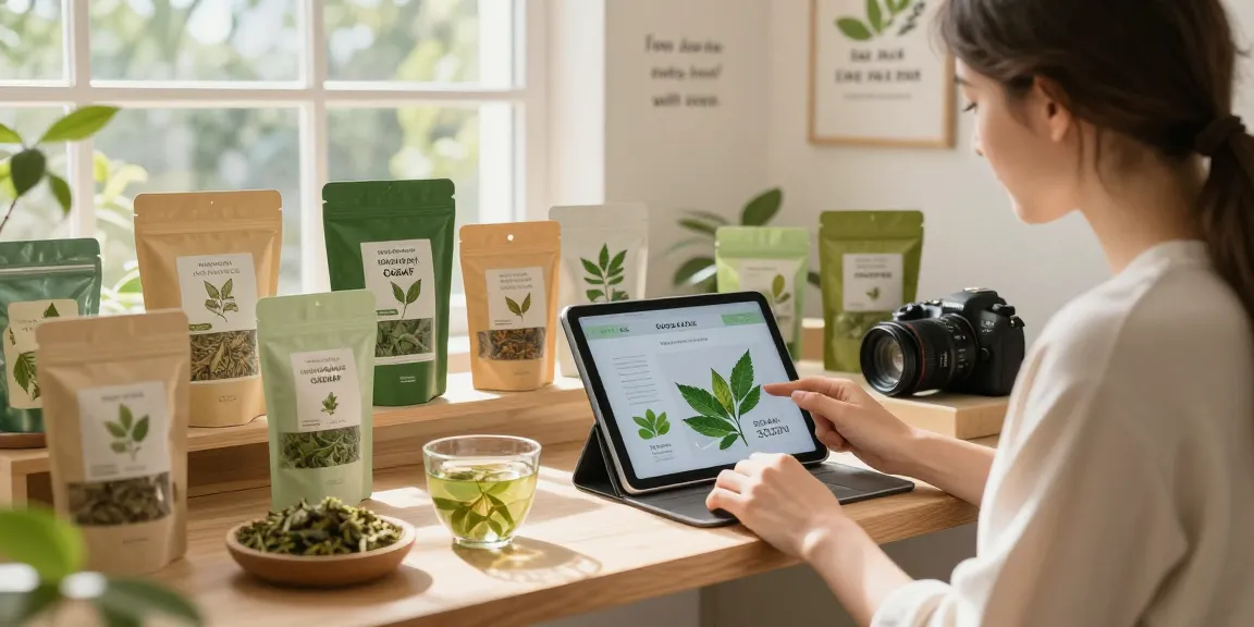 Buy coca leaves online in a vibrant herbal e-commerce setting, showcasing tea and powder products.