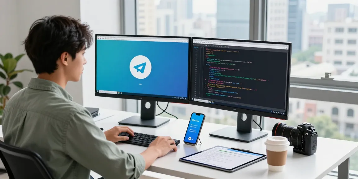 Engaged young professional using Telegram Download on dual monitors in a vibrant tech workspace.