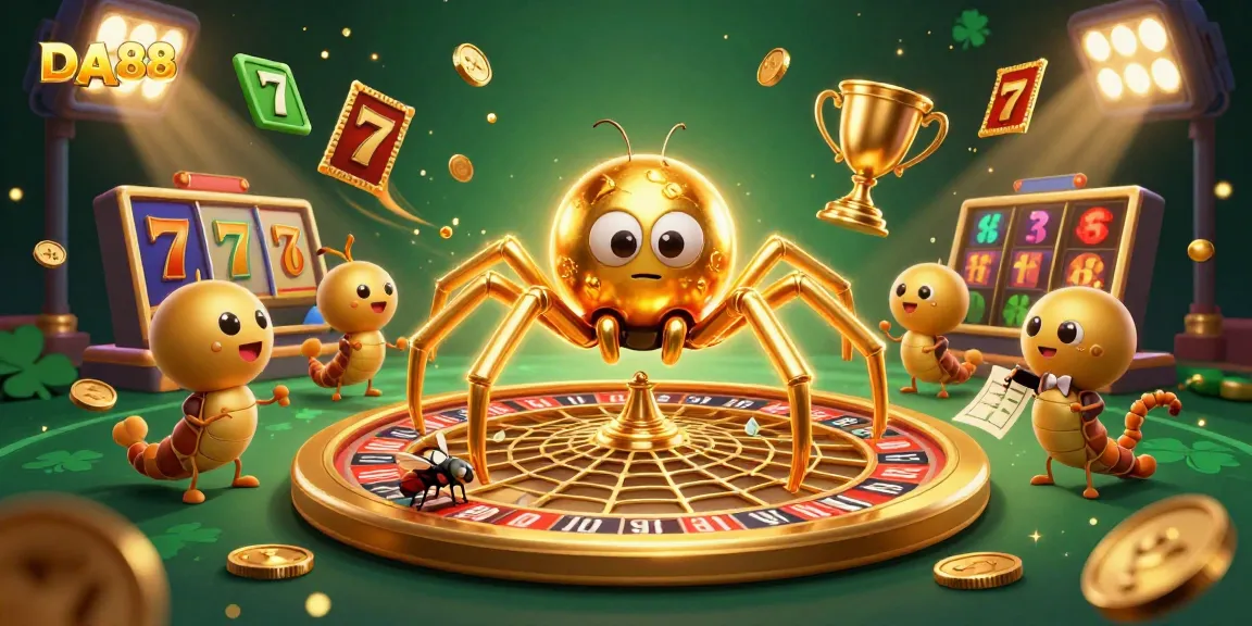 Engage with DA88 in a vibrant casino scene featuring a spider dealer and lively slot elements.
