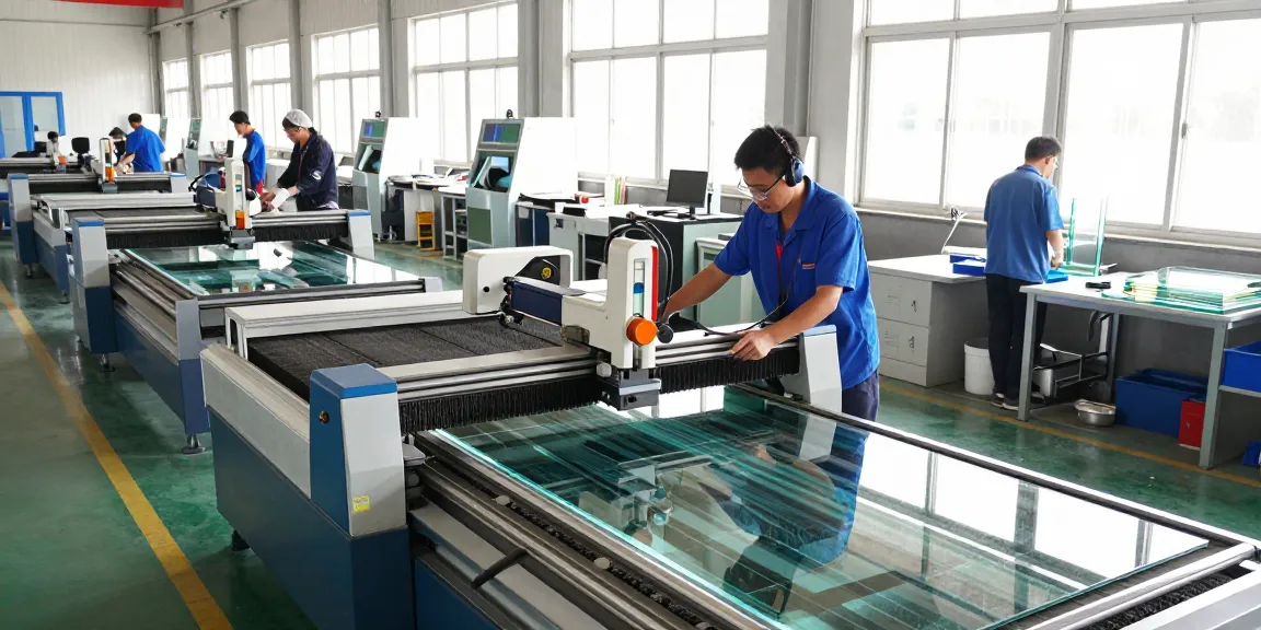 Glass machine suppliers operating in a bright manufacturing facility, featuring advanced glass cutting and washing machines.