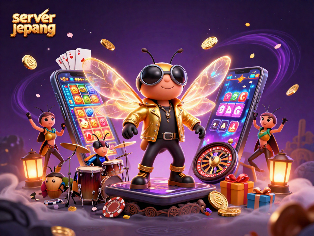 Spin secure wins with server jepang in an energetic casino-themed illustration featuring vibrant characters.
