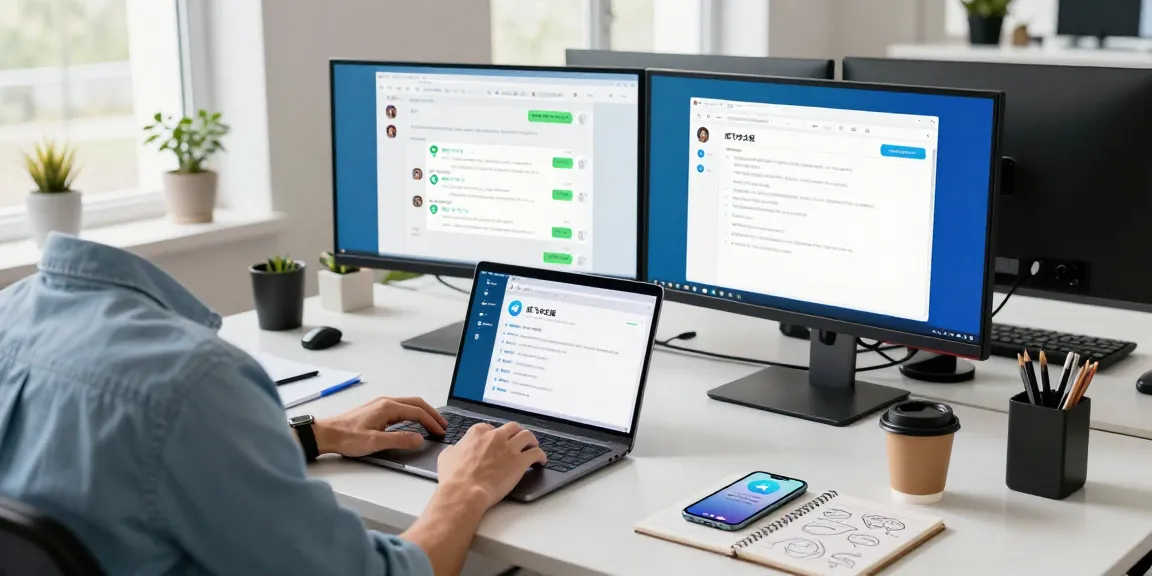 Efficient workspace showcasing 纸飞机中文版 installation on multiple screens, promoting modern tech communication.