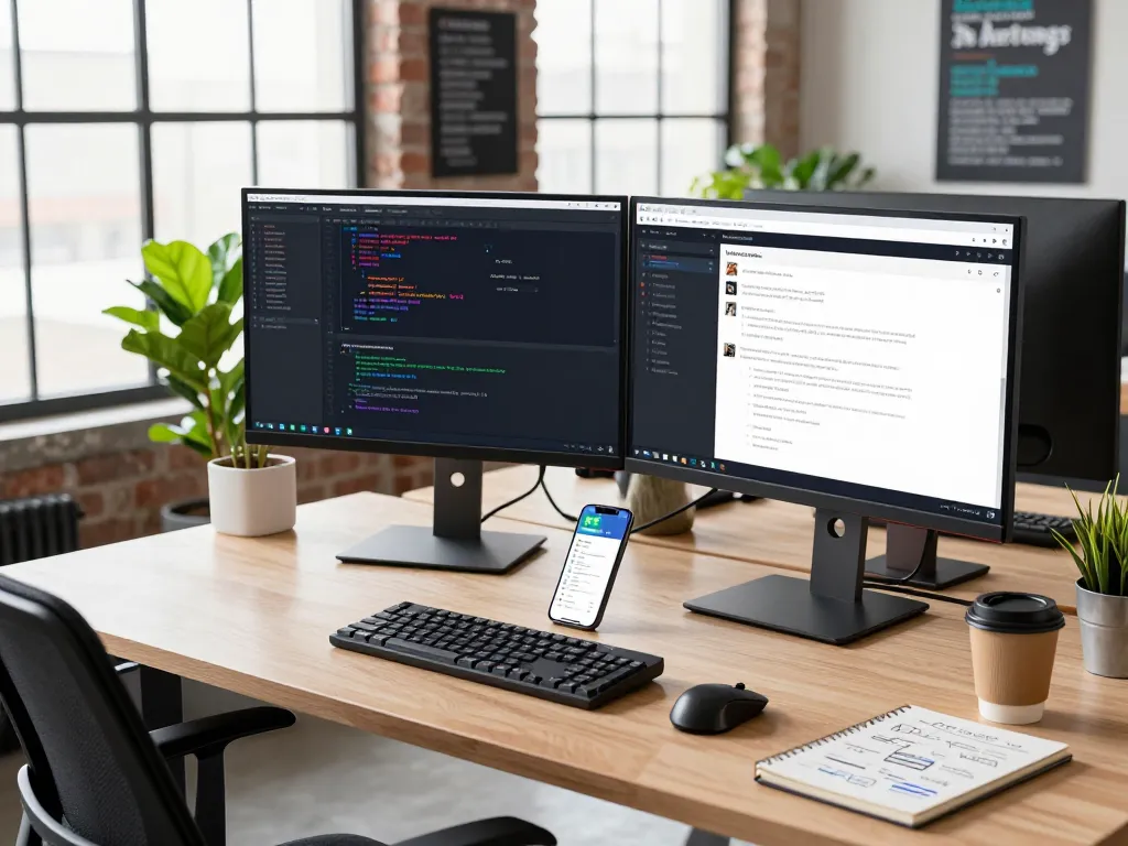 Developer utilizing OpenClaw in a vibrant software environment with dual monitors, coding tools, and a collaborative workspace.