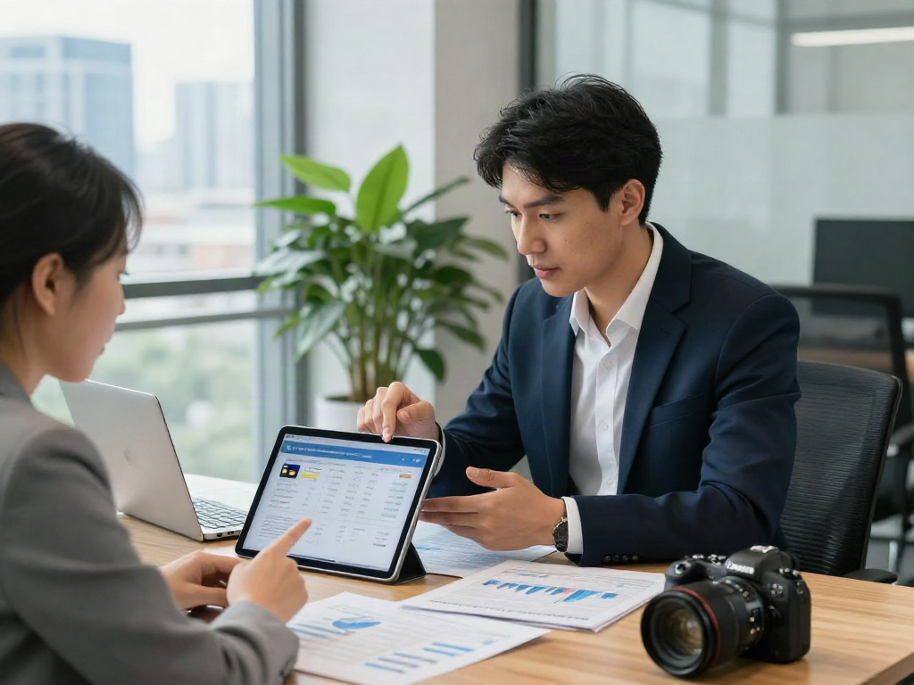 신용카드현금화90과 관련된 재무 상담 장면, 현대적인 사무실에서 전문가와 고객이 데이터 분석을 하는 모습