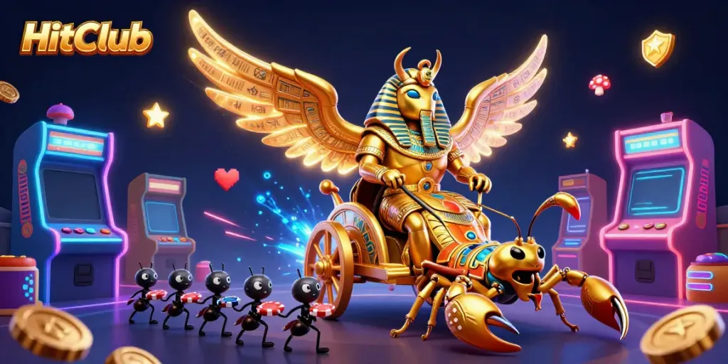 Engage with HitClub's thrilling casino experience featuring a pharaoh-themed Beetle and golden scorpions.