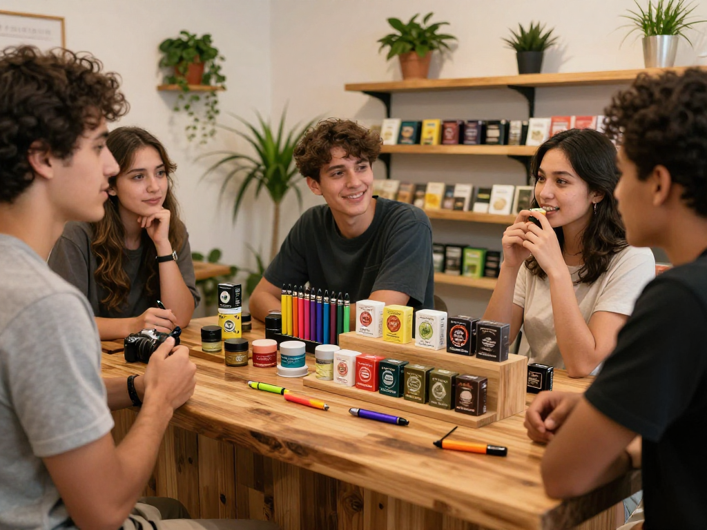 Friends enjoying Cake carts at a cannabis dispensary, surrounded by colorful vape products and plants.