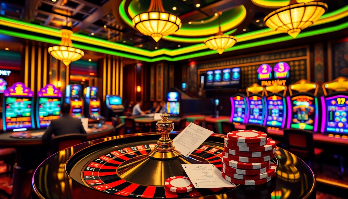 High-stakes casino scene with Thabet branding featuring roulette, poker, and slot machines.
