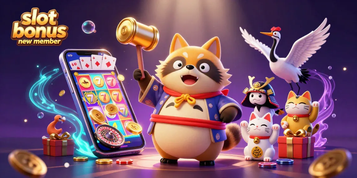 Engage with the slot bonus new member in this vibrant 3D casino illustration featuring a lucky raccoon and festive elements.