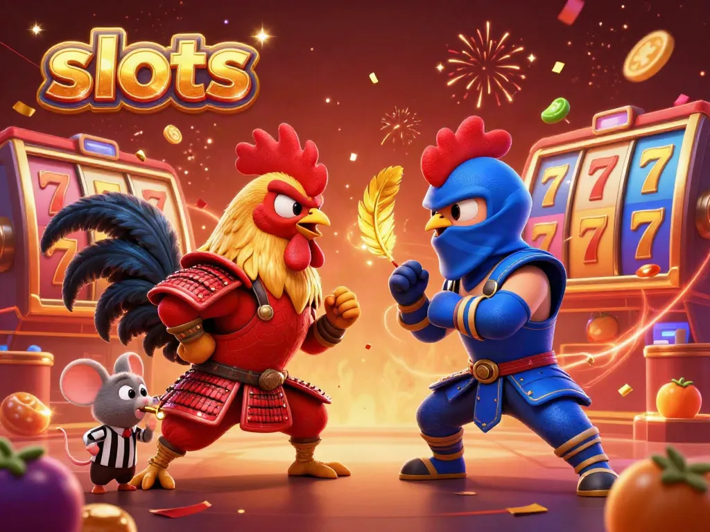 Engage with thrilling slots featuring dynamic twin roosters, jackpot rewards, and vibrant casino symbols.