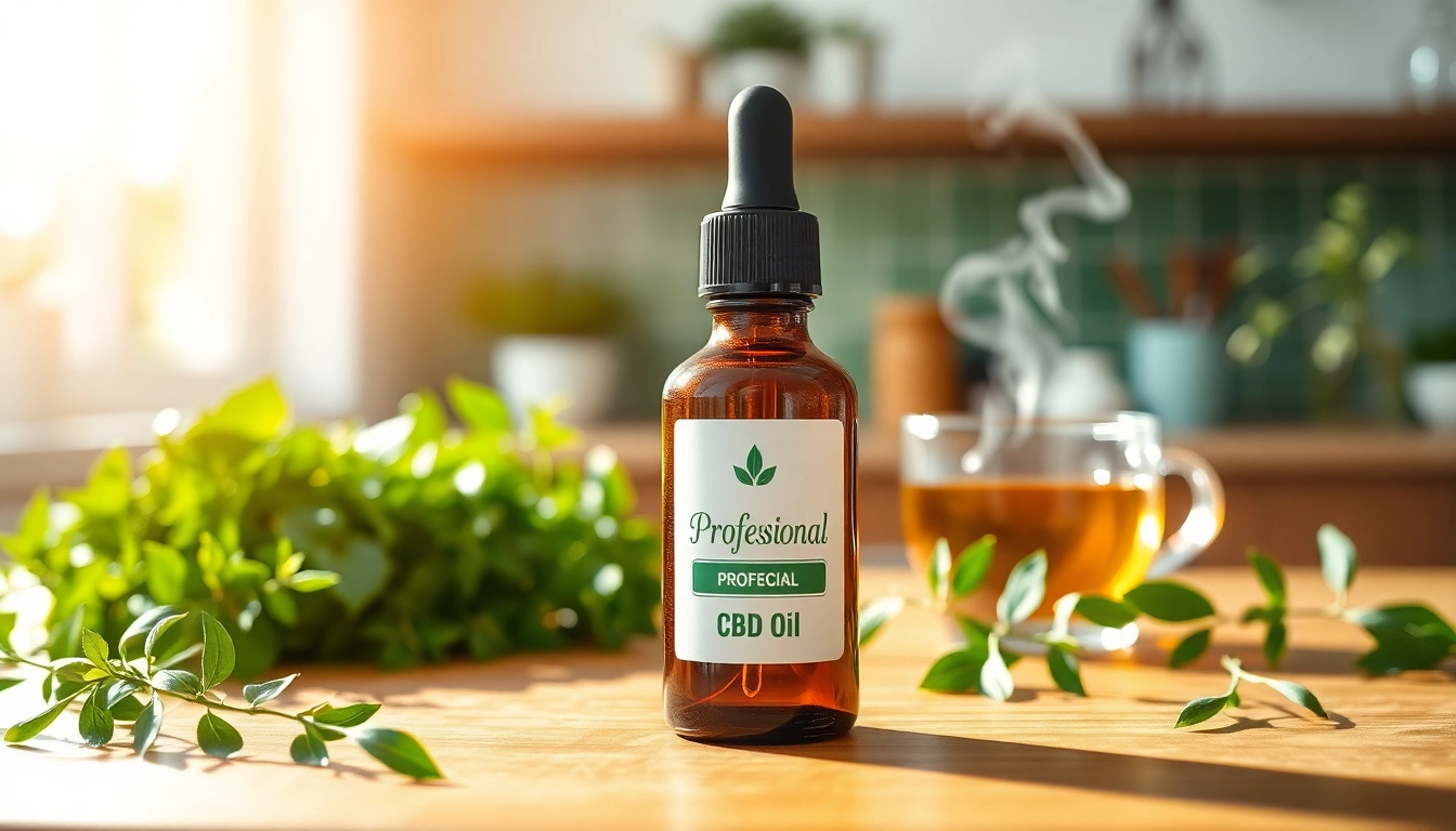 Showcasing a CBD Oil bottle surrounded by herbs and tea to promote natural wellness.